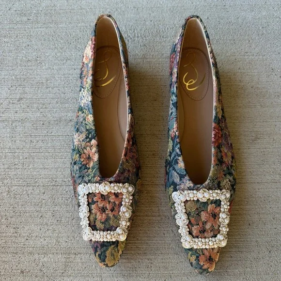 Sam Edelman Floral Tapestry Embellished Buckle Pointed Toe Ballet Flats Granny - Picture 7 of 14